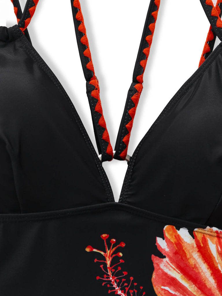 Black 1950s Floral Crochet One-Piece Swimsuit 5