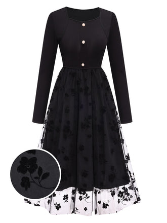 She slips into this Black 1950s Floral Mesh Patchwork Dress and suddenly it's a 1950s daydream