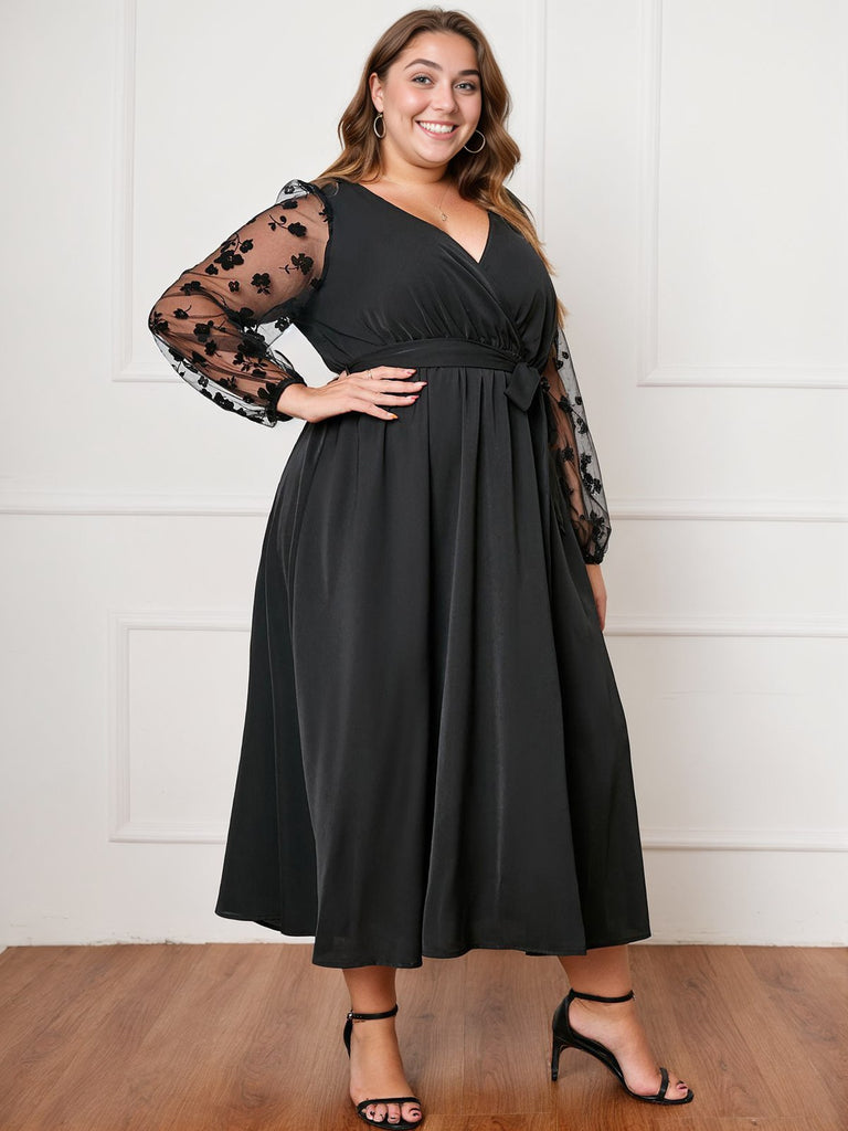 Plus Size Vinatge Floral Mesh Sleeves Dress Black