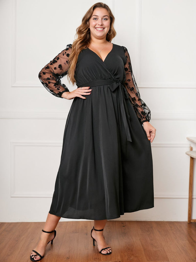 50's black dress [Plus Size] Black 1950s Floral Mesh Sleeves Dress