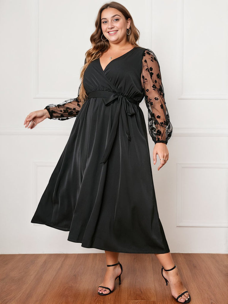 Plus Size Vinatge Floral Mesh Sleeves Dress Black