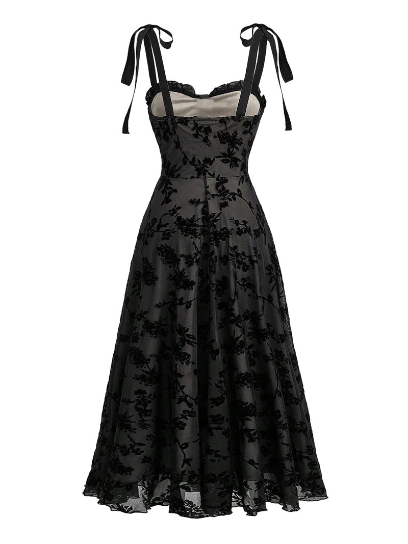 Goth Floral Sweetheart Neck Tie Straps Velvet Midi Dress for Women Black