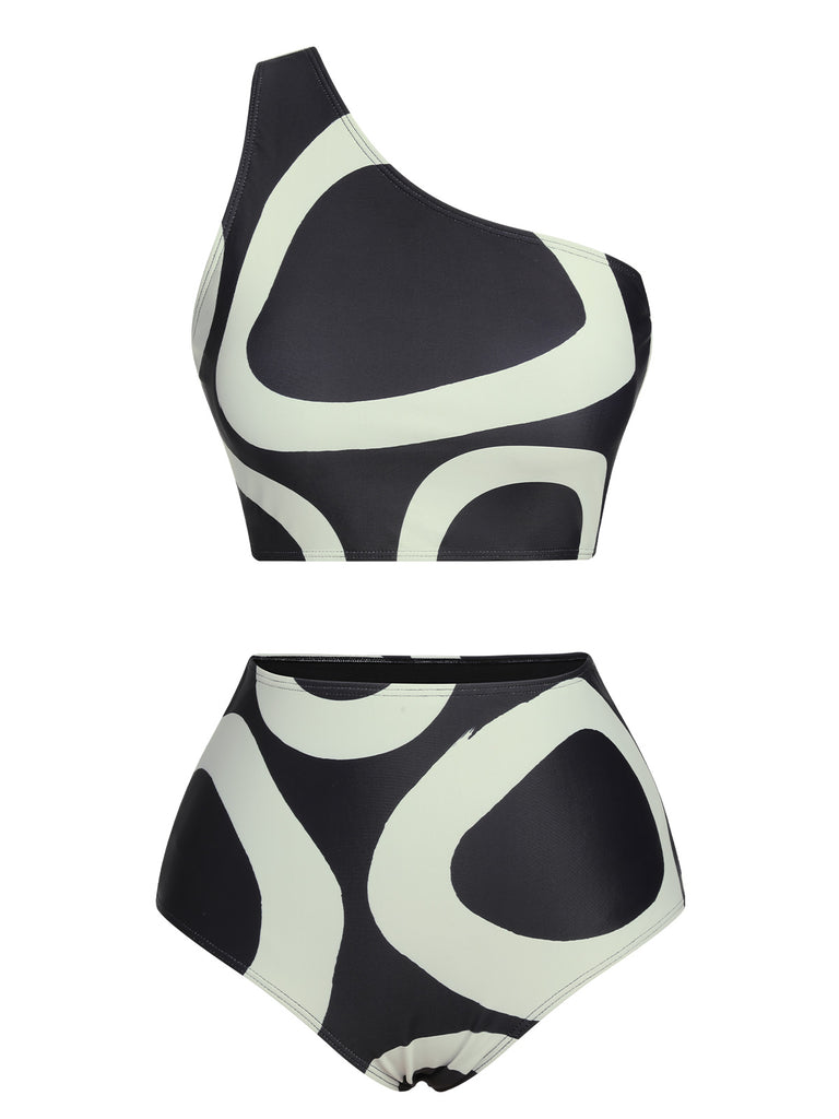 Black 1950s Geometric One-Shoulder Swimsuit, vintage swimsuit, pin-up swimwear - perfect for women who love vintage and retro fashion
