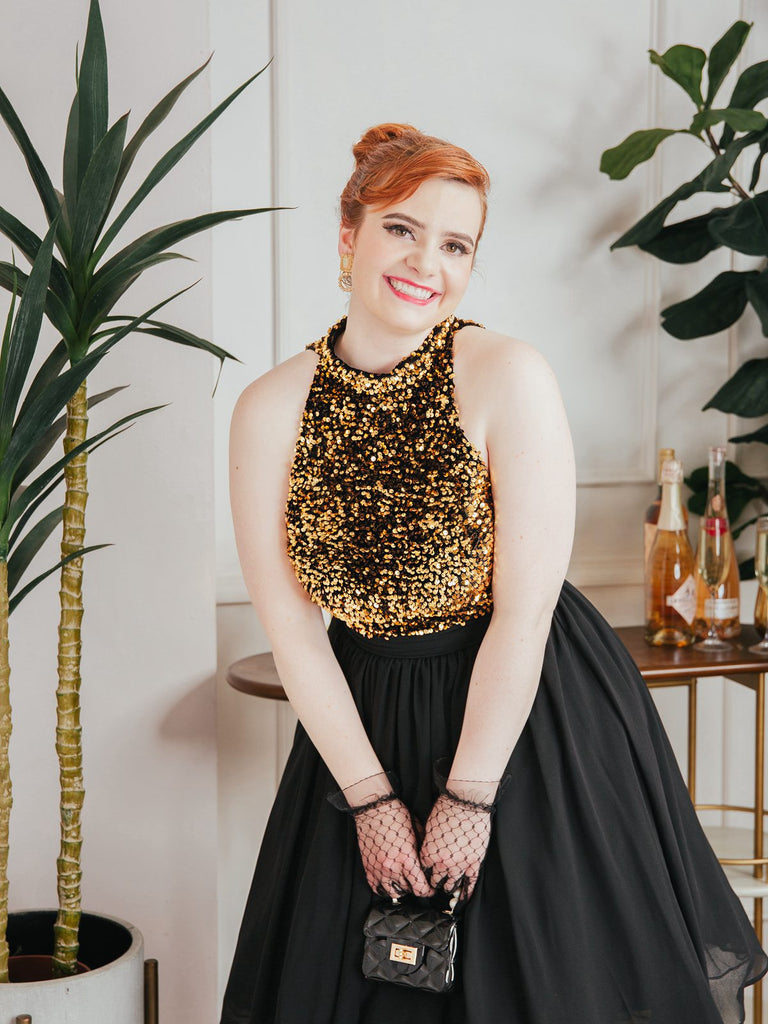 Black 1950s Gold Glitter Patchwork Dress: timeless style reimagined