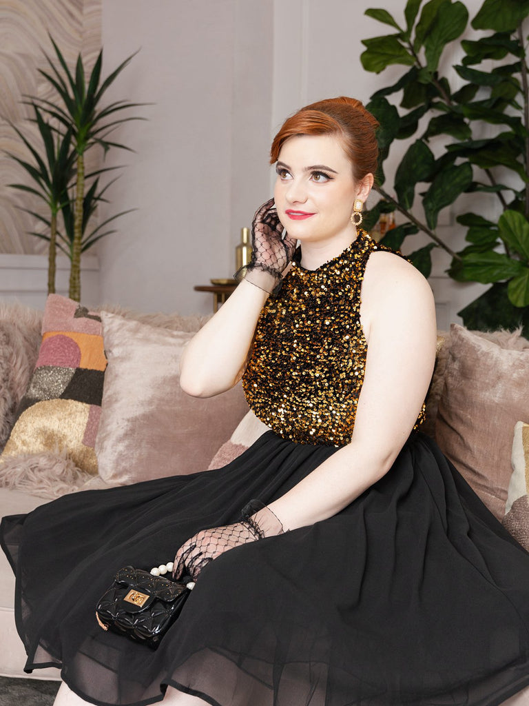 Black 1950s Gold Glitter Patchwork Dress — vintage elegance for the modern woman