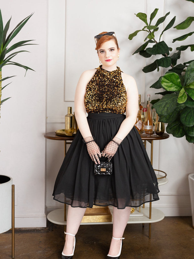 Black 1950s Gold Glitter Patchwork Dress — vintage elegance for the modern woman