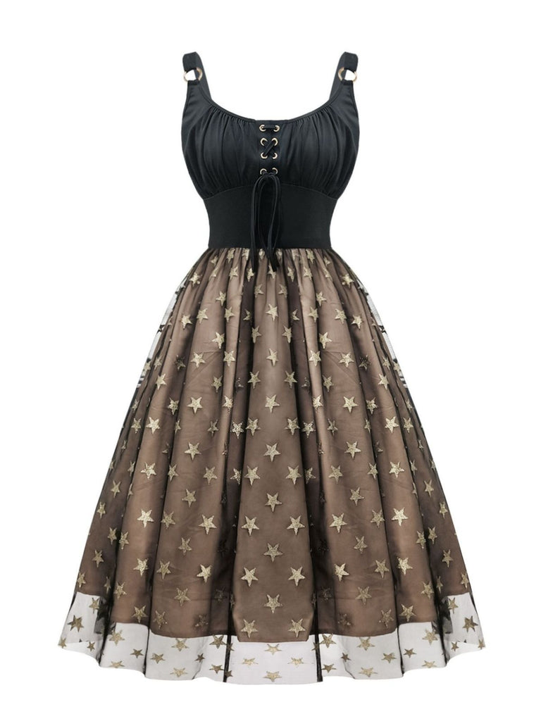 Black 1950s Gold Star Sequined Mesh Ruched Dress - vintage dress, retro fashion, rockabilly