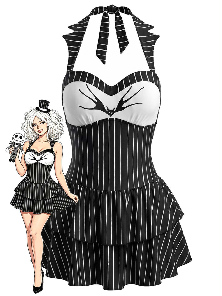 Gothic Bat Pinstripe Halter One-piece Swim Dress Jack Skellington Swimsuit Black&White Gothic Bat Pinstripe Halter One-piece Swim Dress Jack Skellington Swimsuit Black&White