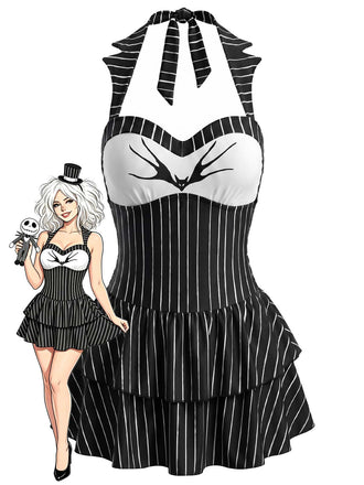 [Pre-Sale] Black 1950s Gothic Bat Pinstripe Halter Swim Dress, vintage dress, retro fashion, rockabilly, pin-up fashion - perfect for women who love vintage and retro fashion