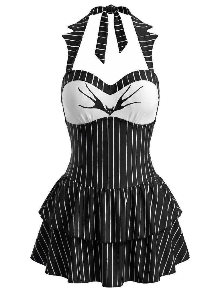 Gothic Bat Pinstripe Halter One-piece Swim Dress Jack Skellington Swimsuit Black&White Gothic Bat Pinstripe Halter One-piece Swim Dress Jack Skellington Swimsuit Black&White