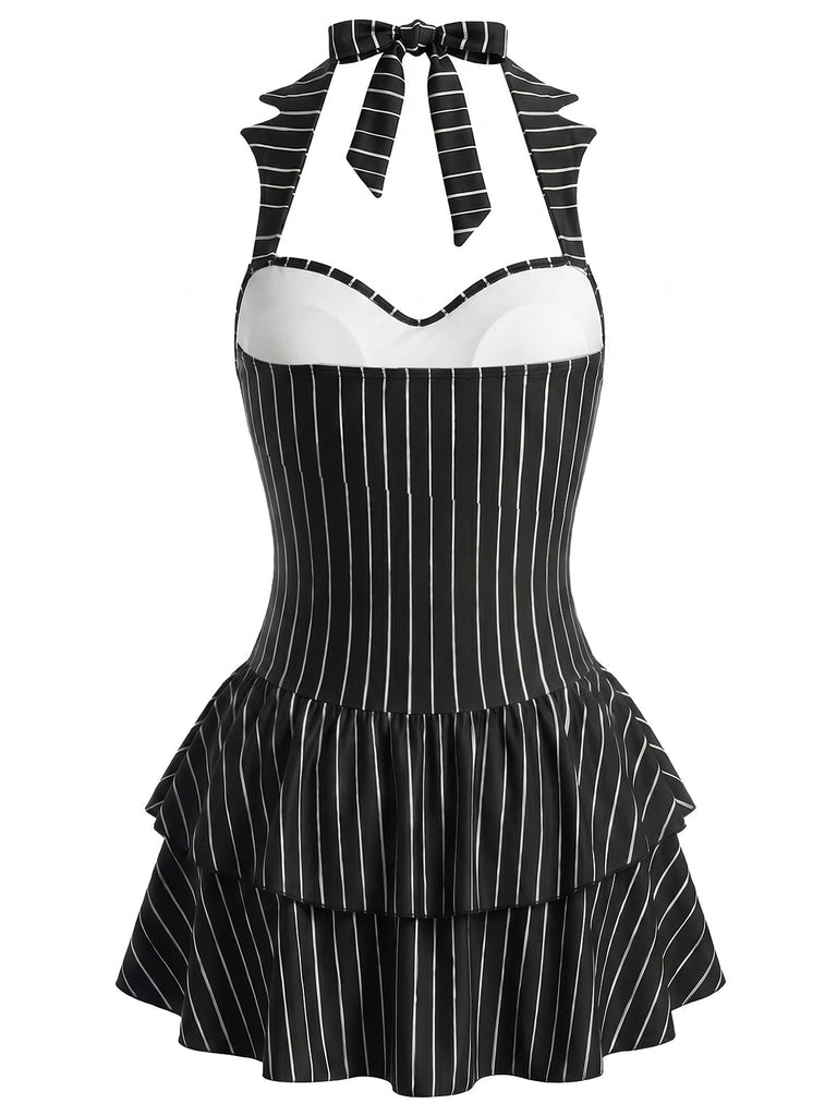 Gothic Bat Pinstripe Halter One-piece Swim Dress Jack Skellington Swimsuit Black&White