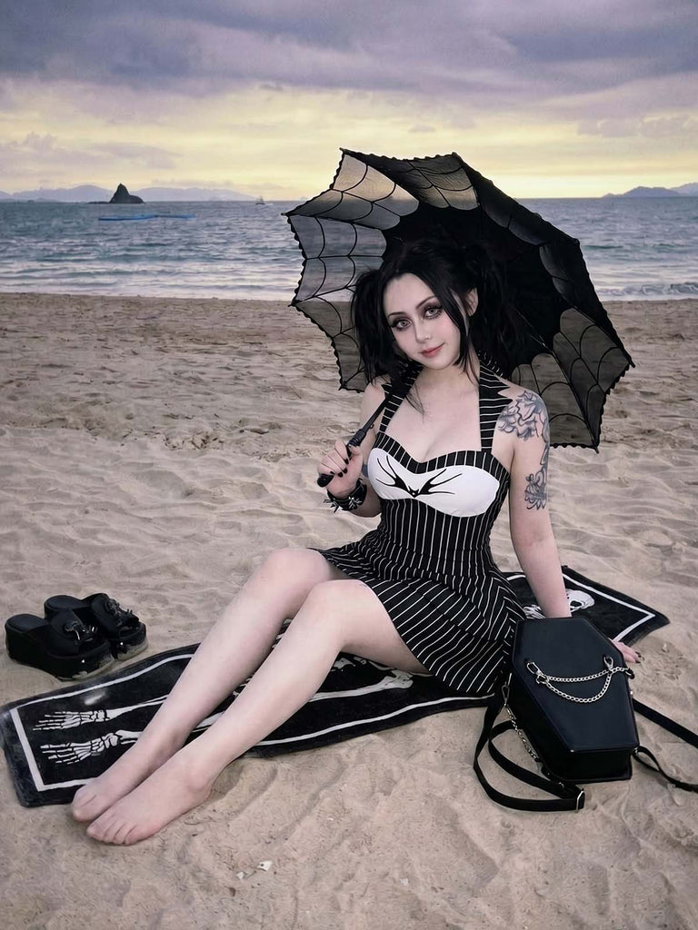 Gothic Bat Pinstripe Halter One-piece Swim Dress Jack Skellington Swimsuit Black&White