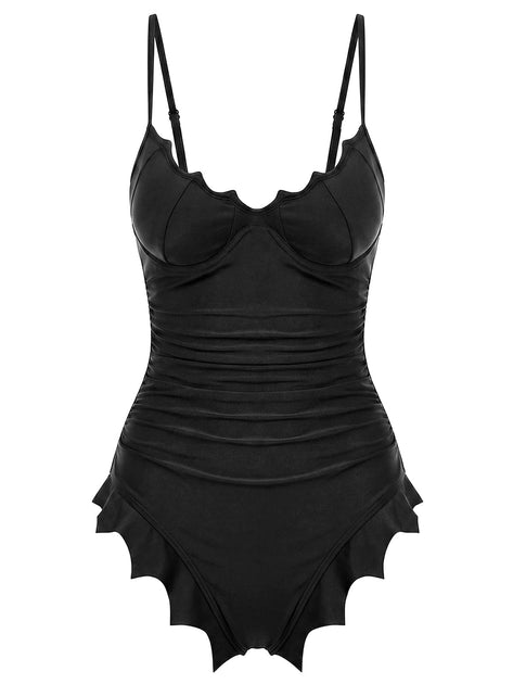 Black 1950s Gothic Batwing Hem One Piece Swimsuit | Retro Stage