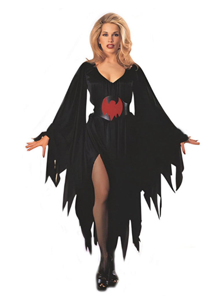 She slips into this Black 1950s Halloween Bat Irregular Hem Dress and suddenly it's a 1950s daydream