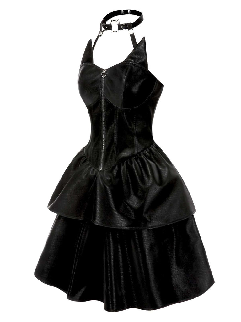 Black 1950s Halloween Catwoman Leather Dress - vintage dress, retro fashion, rockabilly