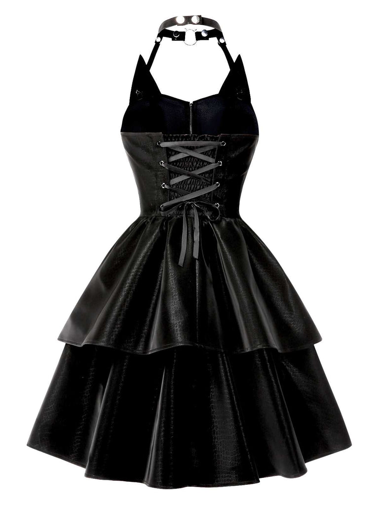 Gothic Black Cat Costume Dress for Women | Faux Leather Halter Neck Tiered Gothic Dress Gothic Black Cat Costume Dress for Women | Faux Leather Halter Neck Tiered Gothic Dress