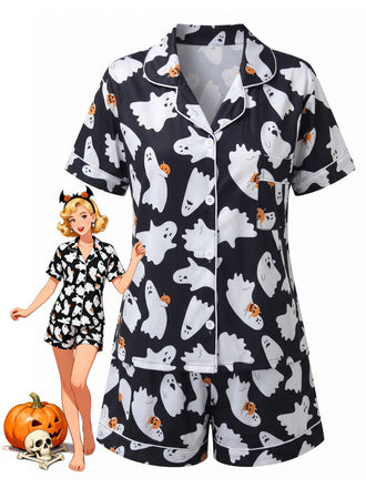 Black 1950s Halloween Ghost Print Shirt Shorts Pajamas, vintage fashion, retro style, rockabilly, pin-up fashion - vintage inspired fashion