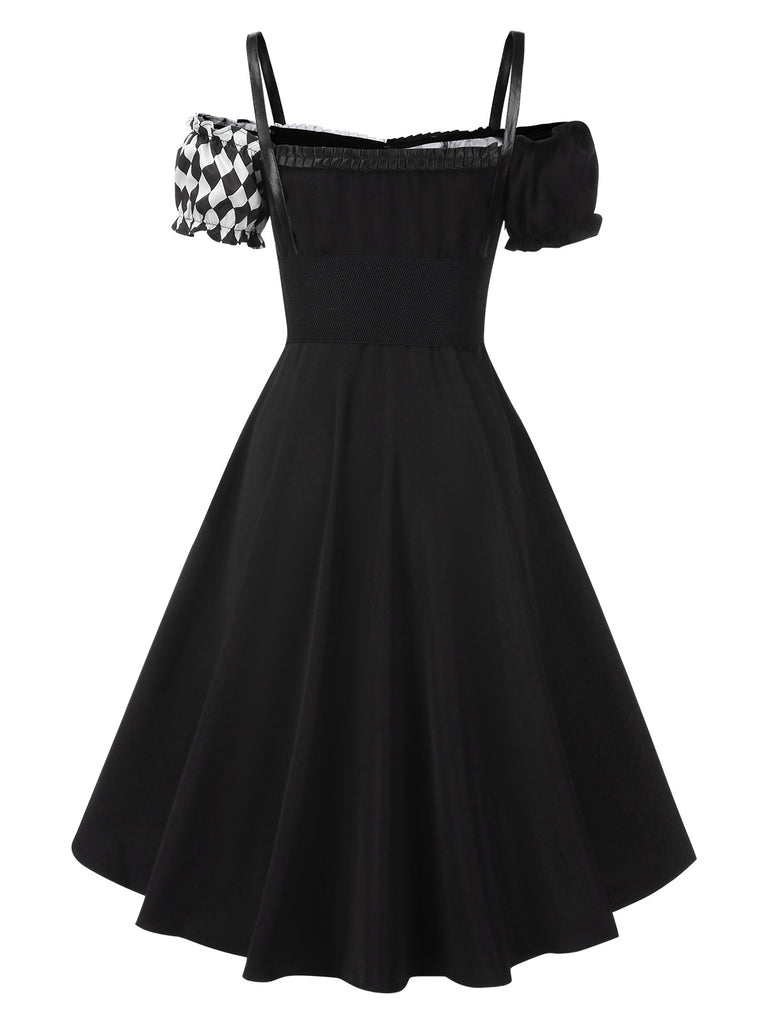 Black 1950s Halloween Harlequin Pattern Dress & Leather Corset
