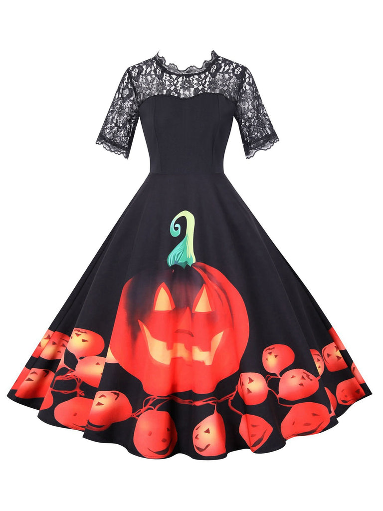 Black 1950s Halloween Lace Sleeves Patchwork Dress, vintage dress, retro fashion, rockabilly, pin-up fashion - perfect for women who love vintage and retro fashion