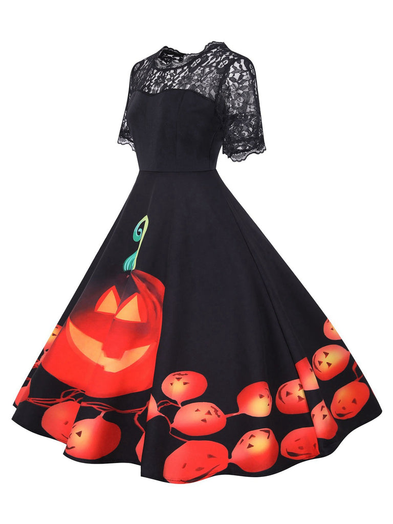 Black 1950s Halloween Lace Sleeves Patchwork Dress: where 1950s romance meets her modern spirit