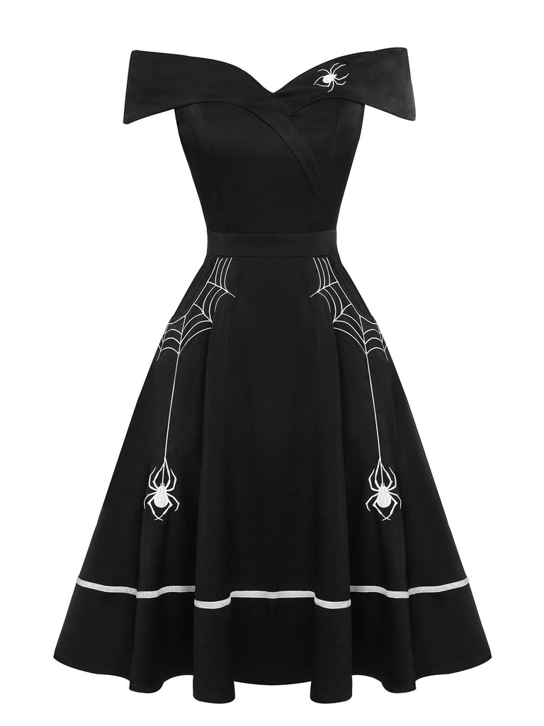 Black 1950s Halloween Off-Shoulder Spider Web Dress, vintage dress, retro fashion, rockabilly, pin-up fashion - perfect for women who love vintage and retro fashion