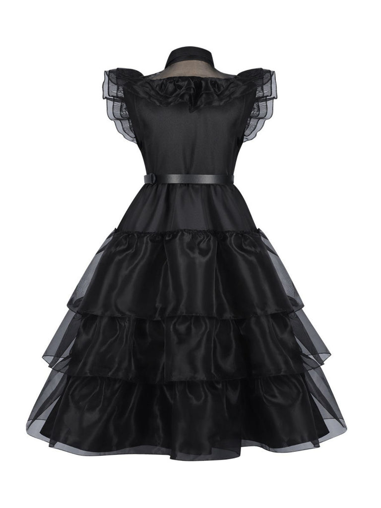 Black 1950s Halloween Organza Ruffled Lapel Dress - vintage dress, retro fashion, rockabilly