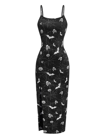 Black 1950s Halloween Print Slit Midi Dress - vintage dress, retro fashion, rockabilly