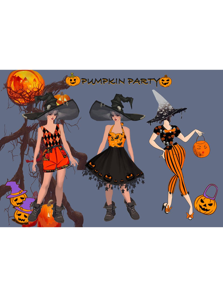 Black 1950s Halloween Pumpkin Bat Halter Dress — vintage elegance for the modern woman