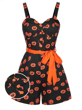 She finds her 1950s story in this Black 1950s Halloween Pumpkin Face Romper
