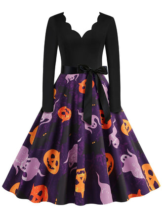 She slips into this Black 1950s Halloween Pumpkin Ghost Petal Collar Dress and suddenly it's a 1950s daydream