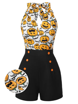Black 1950s Halloween Pumpkin Halter Romper, vintage romper, retro jumpsuit - perfect for women who love vintage and retro fashion