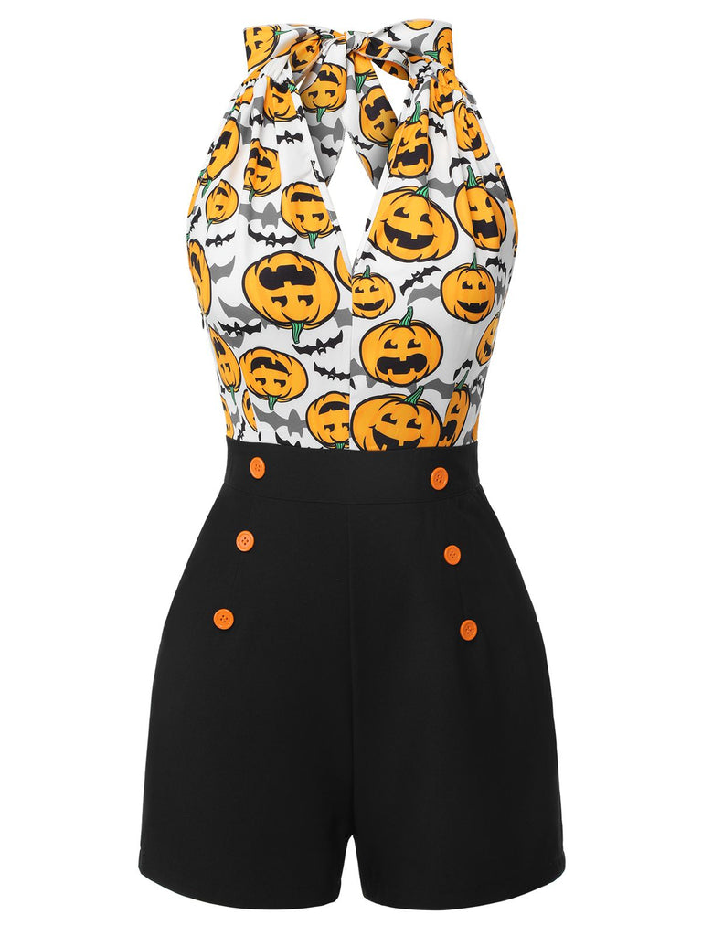 Black 1950s Halloween Pumpkin Halter Romper, vintage romper, retro jumpsuit - perfect for women who love vintage and retro fashion