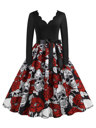 She slips into this Black 1950s Halloween Roses Skull Petal Collar Dress and suddenly it's a 1950s daydream