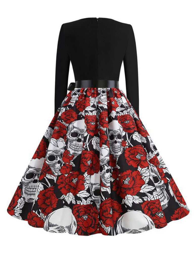This Black 1950s Halloween Roses Skull Petal Collar Dress wraps her in 1950s elegance, one twirl at a time