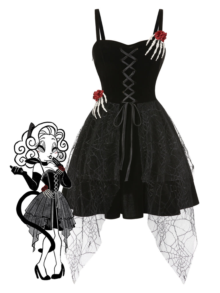 Gothic Halloween Spiderweb Velvet Mini Dress with Skeleton Hands & Corset Lace-Up Gothic Halloween Spiderweb Velvet Mini Dress with Skeleton Hands & Corset Lace-Up