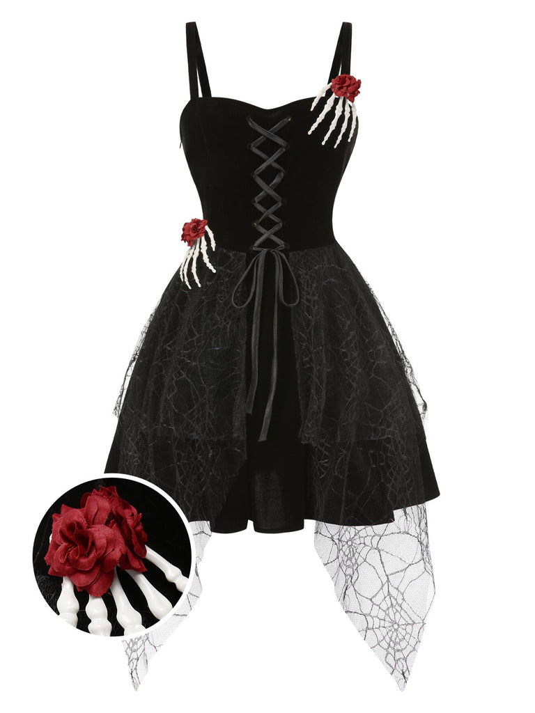 Gothic Halloween Spiderweb Velvet Mini Dress with Skeleton Hands & Corset Lace-Up Gothic Halloween Spiderweb Velvet Mini Dress with Skeleton Hands & Corset Lace-Up