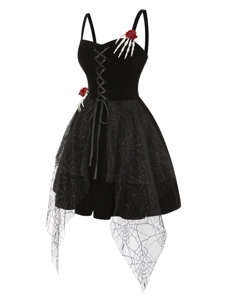 Gothic Halloween Spiderweb Velvet Mini Dress with Skeleton Hands & Corset Lace-Up Gothic Halloween Spiderweb Velvet Mini Dress with Skeleton Hands & Corset Lace-Up