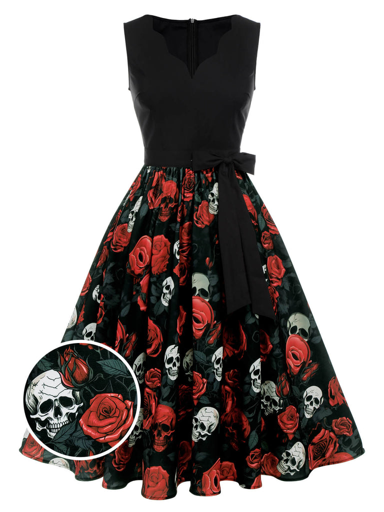 Black 1950s Halloween Skull Rose Sleeveless Dress Black 1950s Halloween Skull Rose Sleeveless Dress