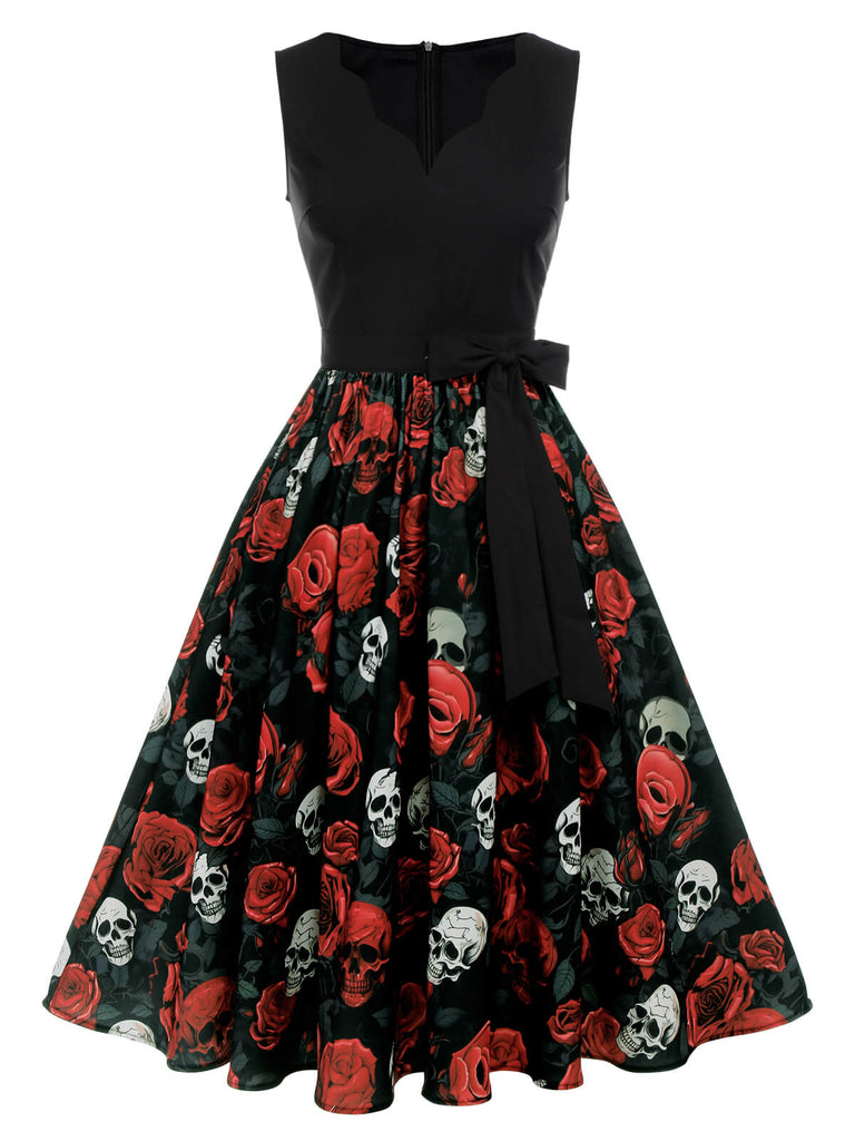 Black 1950s Halloween Skull Rose Sleeveless Dress, vintage dress, retro fashion, rockabilly, pin-up fashion - perfect for women who love vintage and retro fashion
