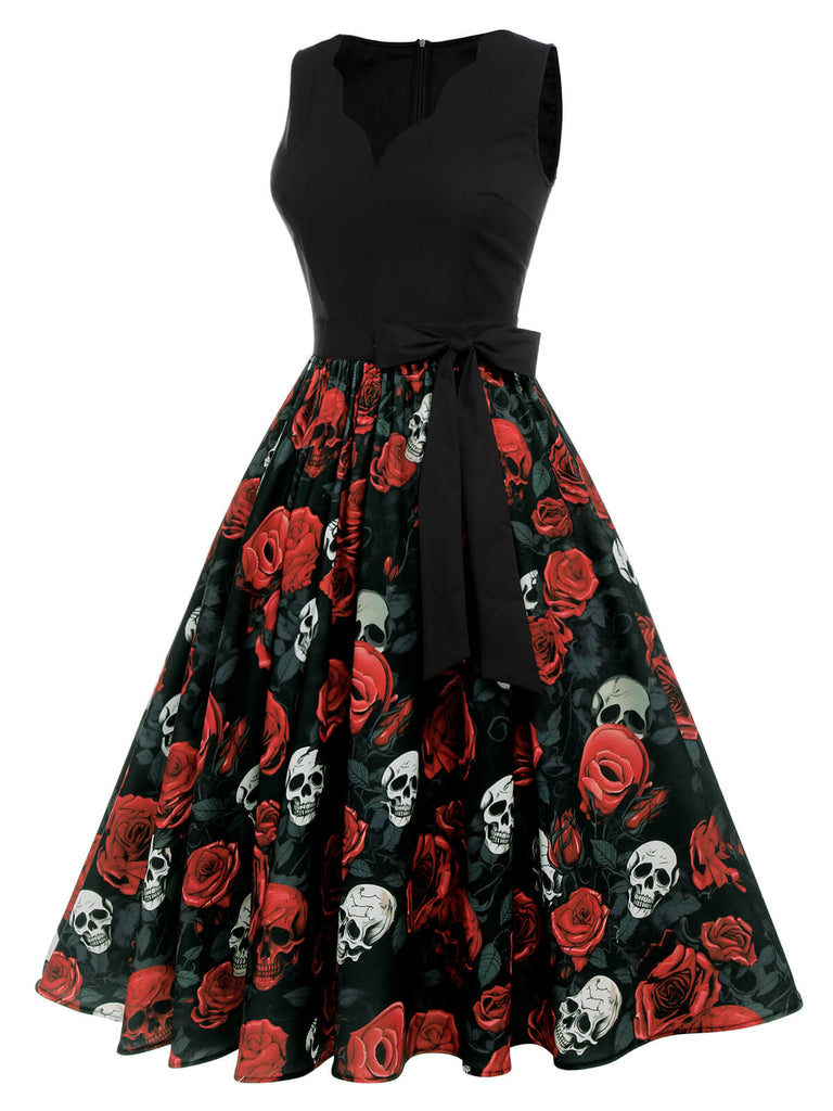 Black 1950s Halloween Skull Rose Sleeveless Dress, vintage dress, retro fashion, rockabilly, pin-up fashion - perfect for women who love vintage and retro fashion
