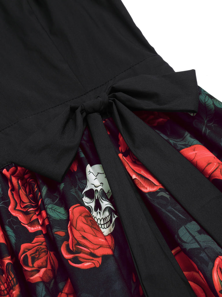 Black 1950s Halloween Skull Rose Sleeveless Dress Black 1950s Halloween Skull Rose Sleeveless Dress