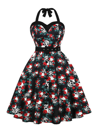 Black 1950s Halloween Skull Roses Halter Dress - vintage dress, retro fashion, rockabilly