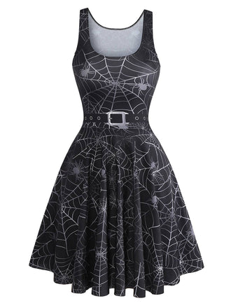 Black 1950s Halloween Spider Web Sleeveless Dress - vintage dress, retro fashion, rockabilly
