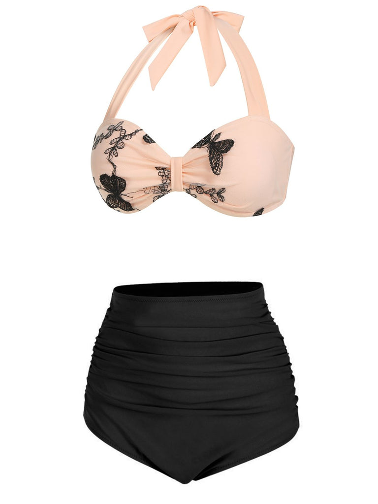 Back view: 1950s Black 1950s Halter Butterfly Swimsuit, perfect for vintage themed parties and retro fashion enthusiasts