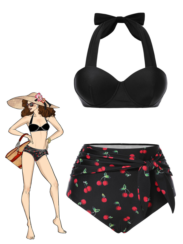 Black 1950s Halter Cherry Bikini Set - vintage fashion, retro style, classic black