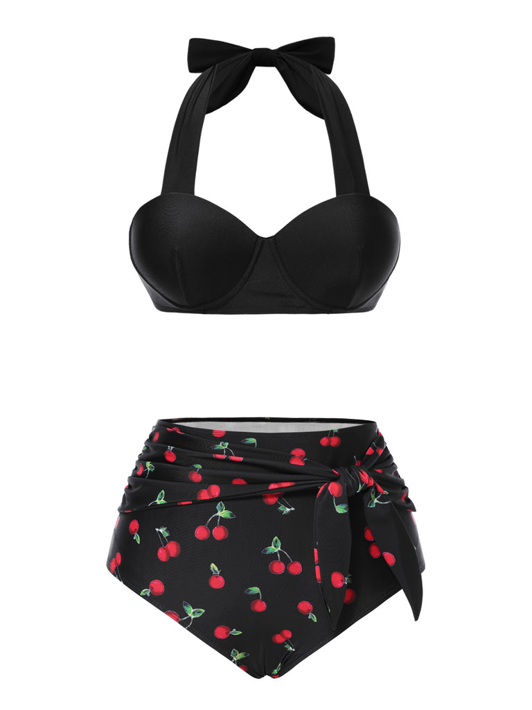Black 1950s Halter Cherry Bikini Set - vintage fashion, retro style, classic black