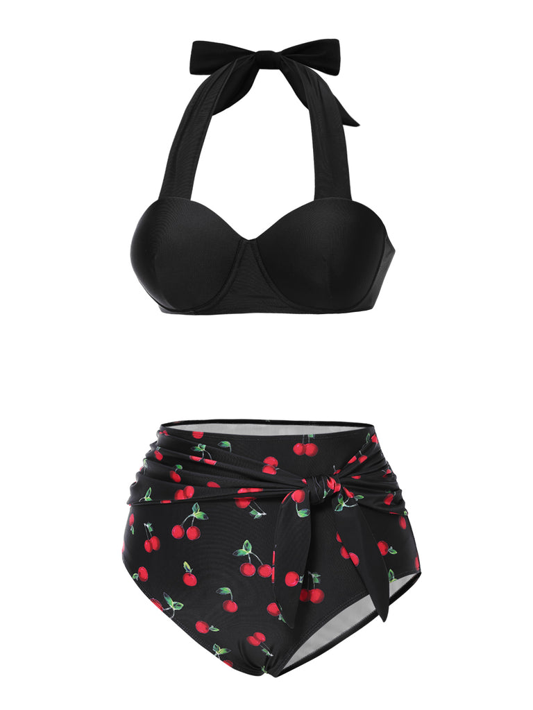 Black 1950s Halter Cherry Bikini Set - vintage fashion, retro style, classic black