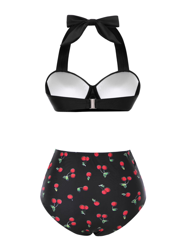 Black 1950s Halter Cherry Bikini Set - vintage fashion, retro style, classic black