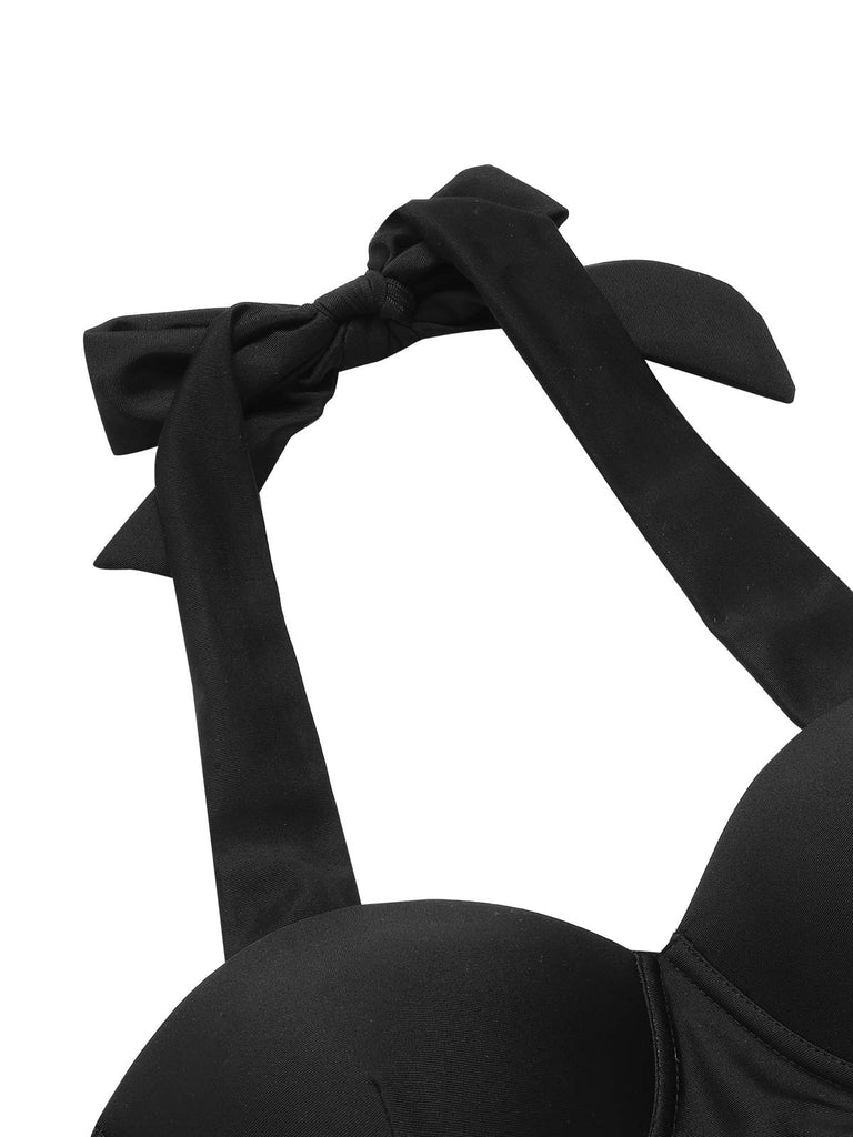 Black 1950s Halter Cherry Bikini Set - vintage fashion, retro style, classic black