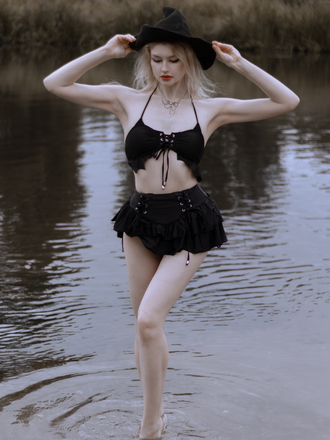 Black 1950s Halter Lace Up Bikini Set & Tiered Cover Up, vintage swimsuit, pin-up swimwear, rockabilly, pin-up fashion - vintage inspired fashion